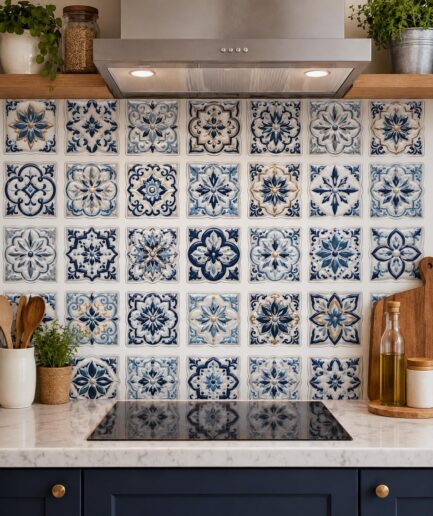 Blue Floral Tile Wall Sticker – SS020