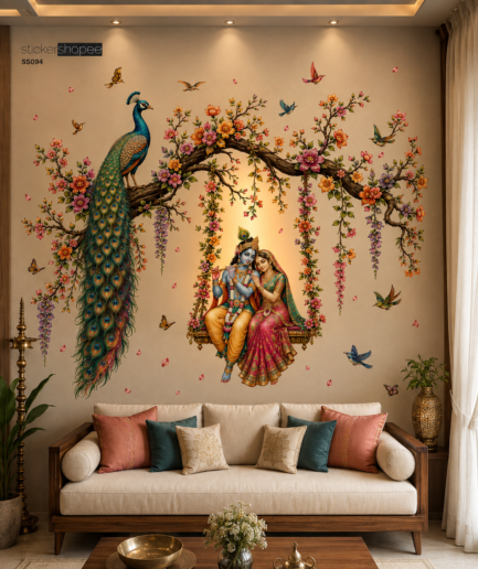 Peacock & Radha Krishna Floral Wall Sticker – SS094