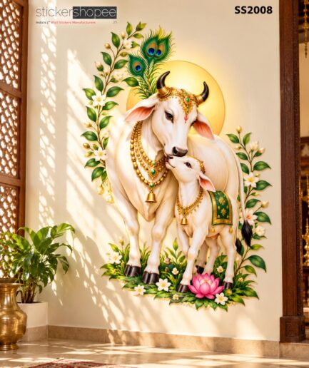 Kamdhenu Cow with Calf Wall Sticker – Gau Mata Spiritual & Vastu Wall Sticker – SS2008