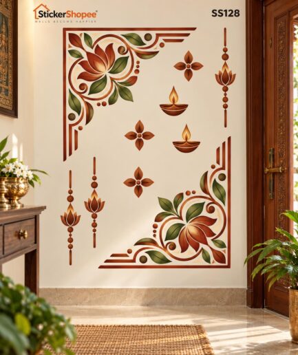 Traditional Diya & Floral Corner Wall Sticker – SS128