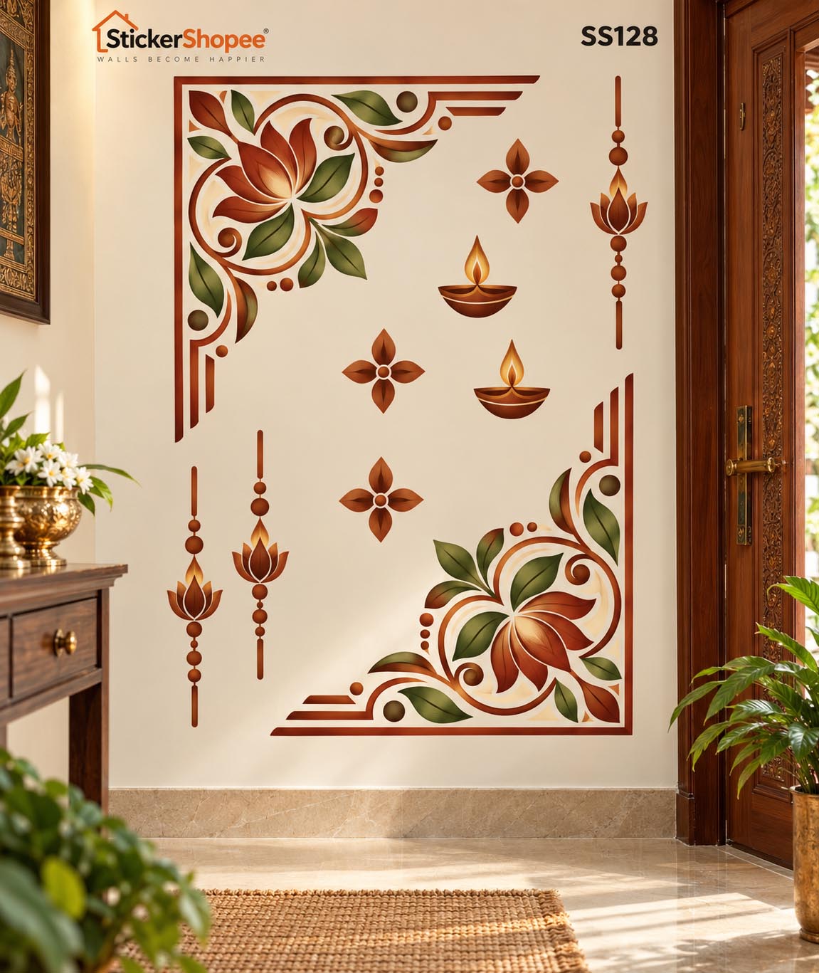 Traditional Diya & Floral Corner Wall Sticker – SS128