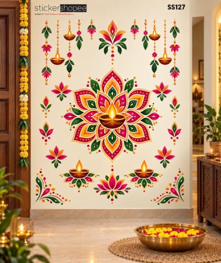 Traditional Diya & Floral Rangoli Wall Sticker – SS127