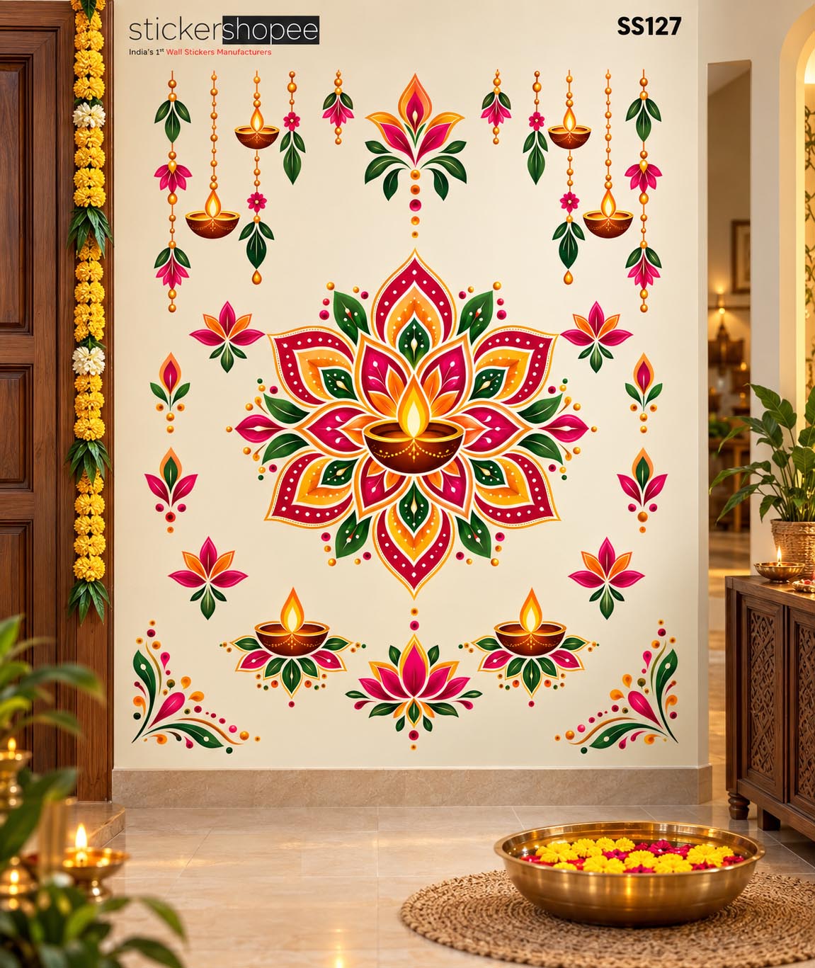 Traditional Diya & Floral Rangoli Wall Sticker – SS127