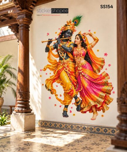 Pink Radha Krishna Wall Sticker with Flute – Spiritual Hindu God Wall Decor for Living Room, Pooja Room & Entrance – SS154