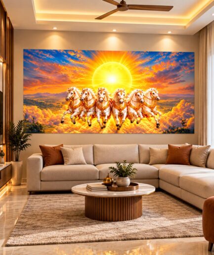 Running Horses Wall Sticker, White Horse Vastu Wall Decor, Golden Sunrise Horse Wall Decal, Living Room & Office Wall Art, SS1011